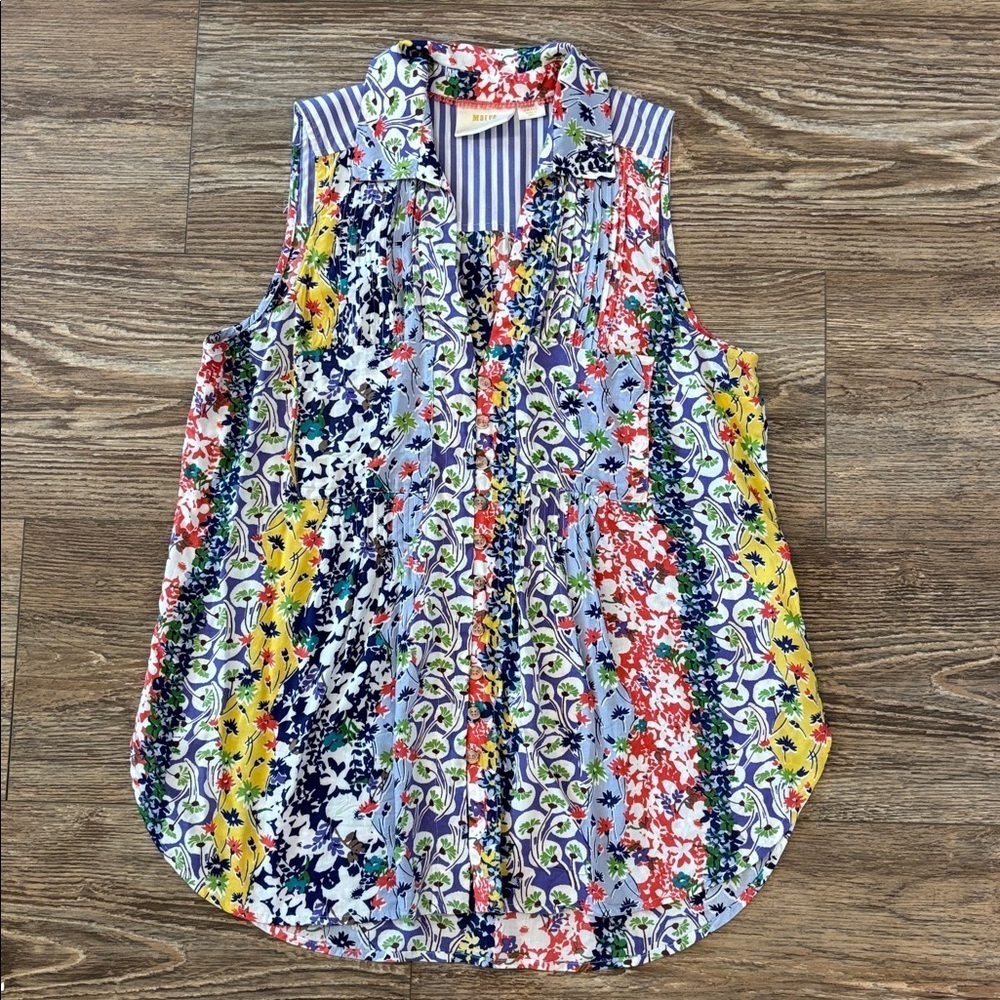Maeve Anthropologie Whimsical Pintuck Floral Multi Color Sleeveless Blouse Small
